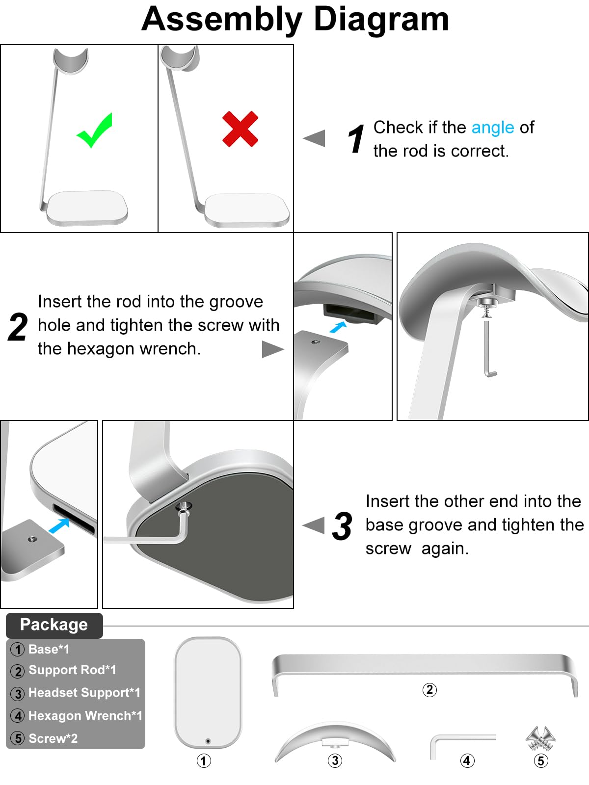 VICHYIE Kulaklık standı, AirPods Max için ağır kulaklık tutucu, kulak üstü kulaklık için çalışma masası aksesuarı, oyun kulaklığı, alüminyum, ABS ve silikon, gümüş beyaz