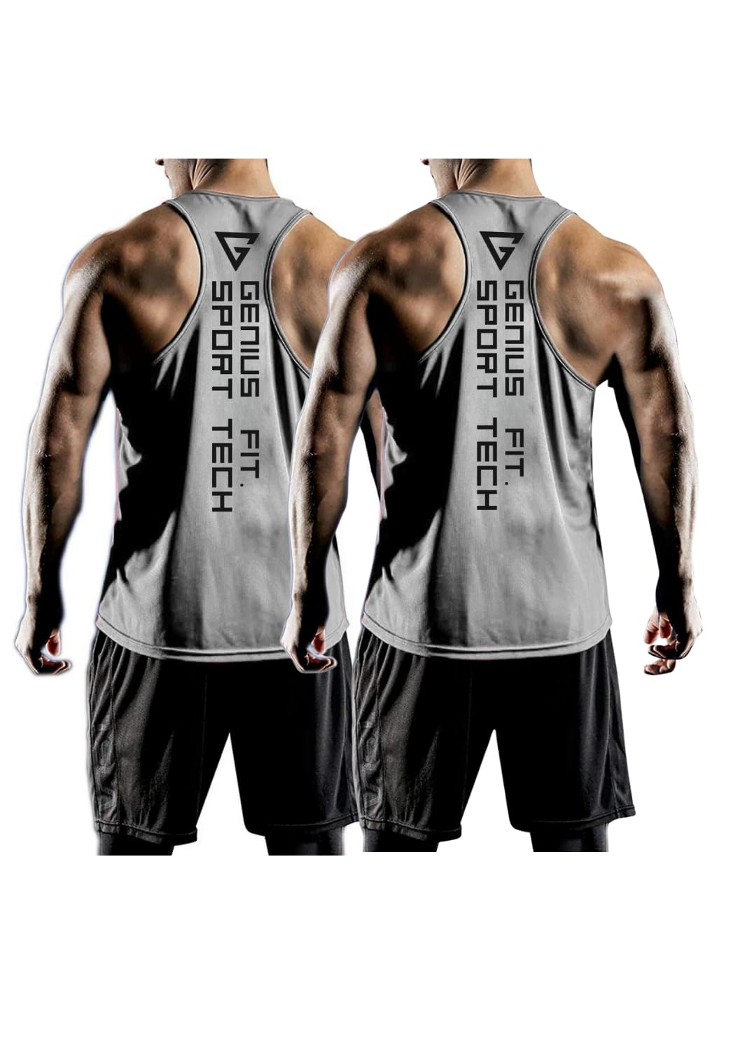 GENIUS STORE 2'li Paket Erkek Dry Fit Y-back Gym Fitness Sporcu Atleti (GRİ-GRİ, M)