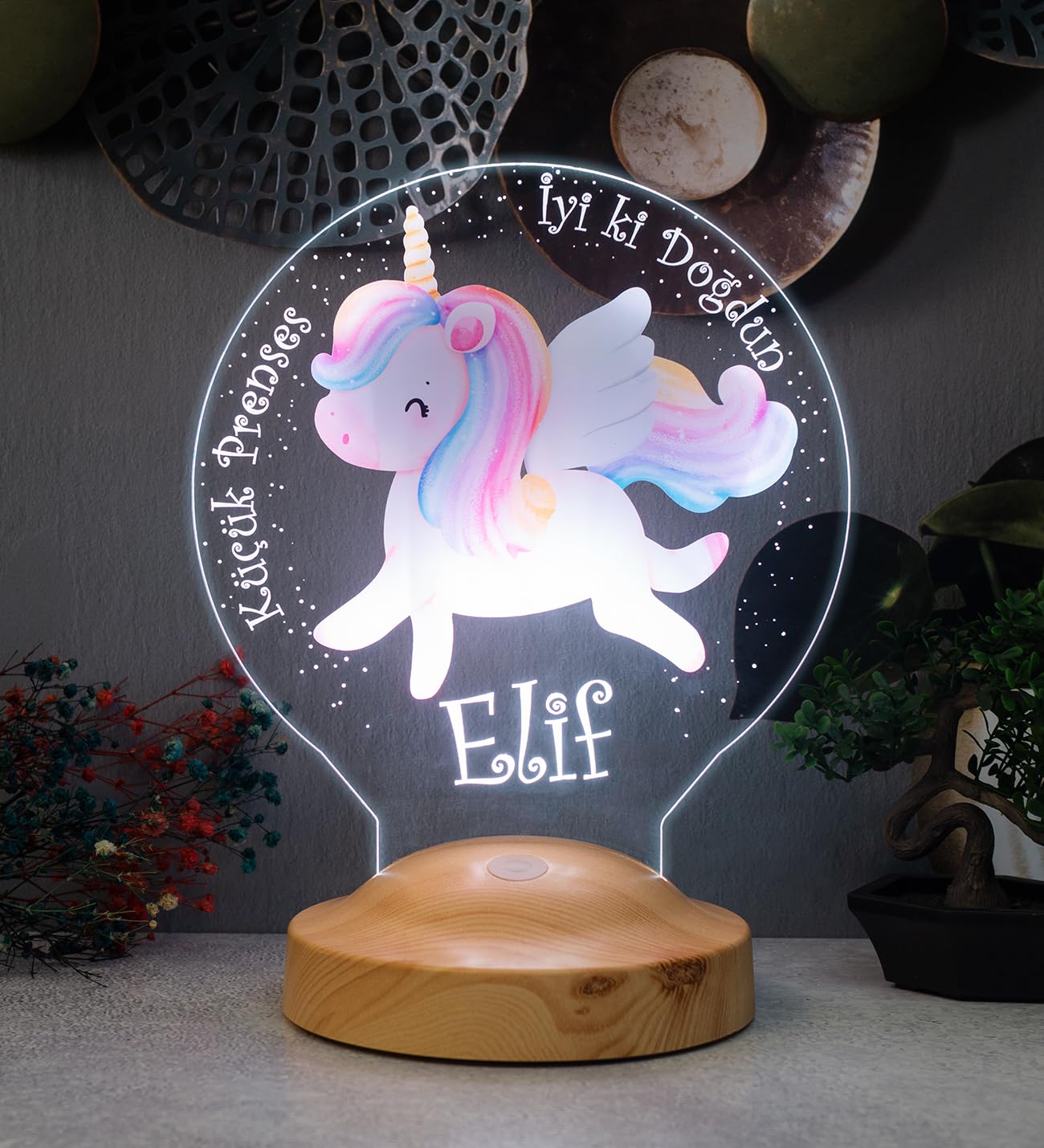 Sevgilambası Unicorn Renkli Tek Boynuzlu At İsimli Kız Çocuk Odası Hediyesi Led Lamba, Unicorn Doğum Günü Parti Hediyesi