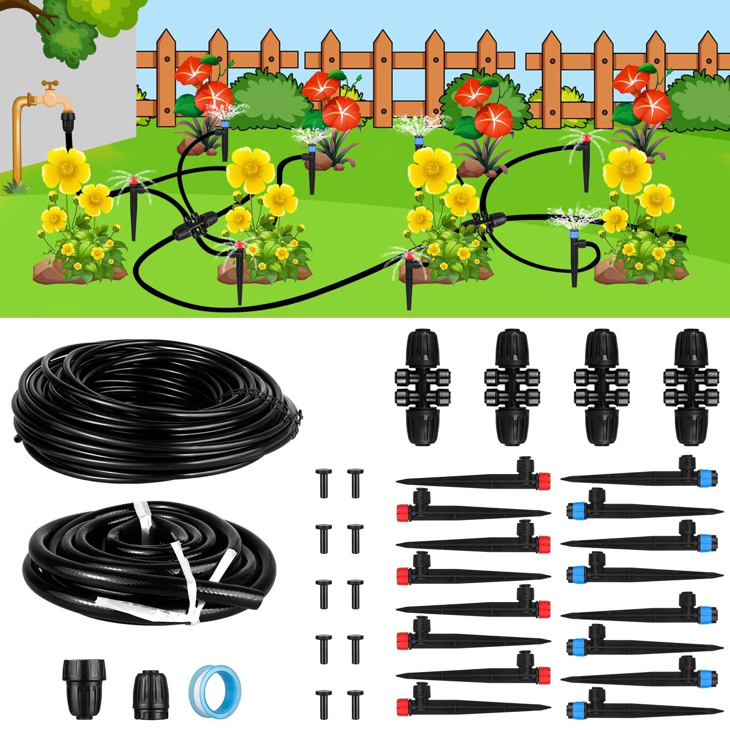 MSDADA Damla Sulama Sistemi, 16Ft+78Ft Konnektör Mikro Bahçe Sulama Tesisleri Sistemi 1/2 '' Hortumlu Otomatik Ekipman 1/4 '' Dağıtım Borusu ve Çim Veranda Yükseltilmiş Yatak için Aksesuarlar