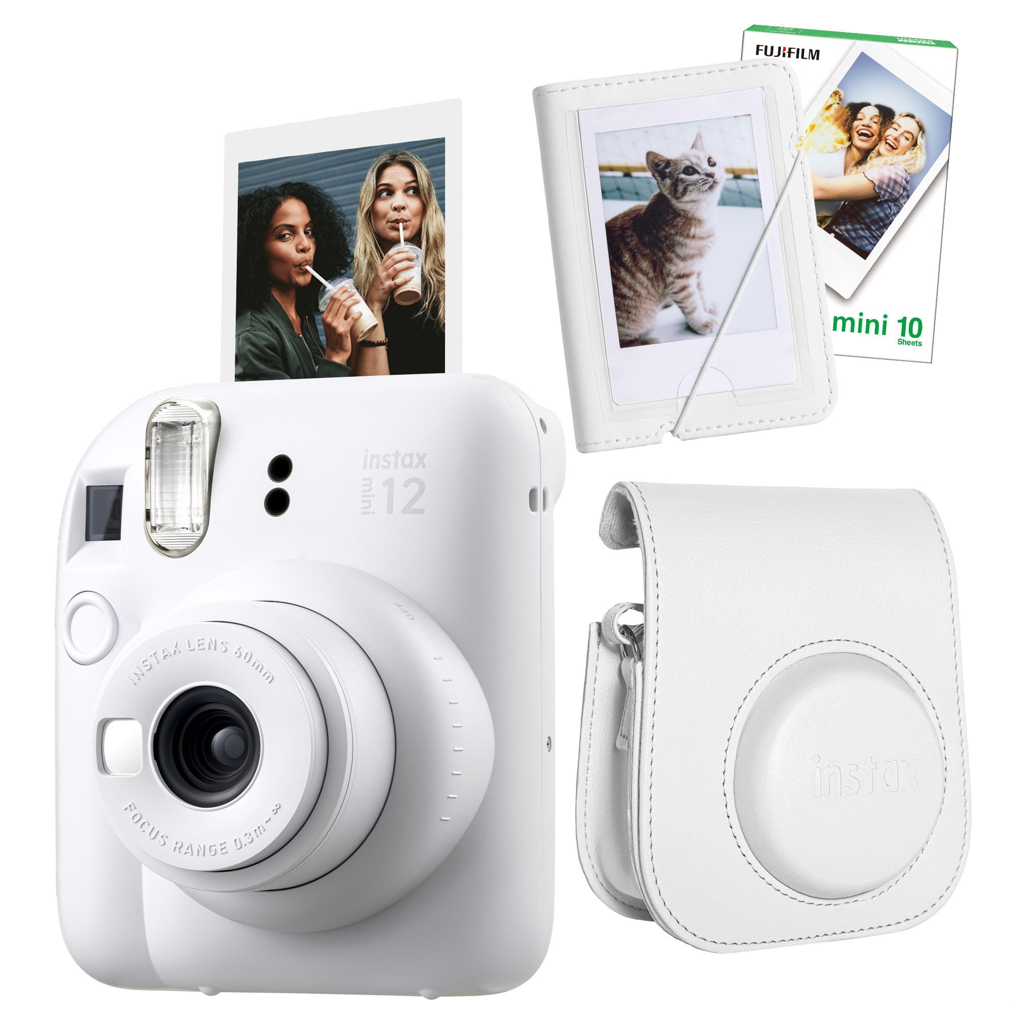 Instax mini 12 Fotoğraf Makinesi-10'lu Film-Mini Albüm ve Deri Kılıf Seti (Beyaz)