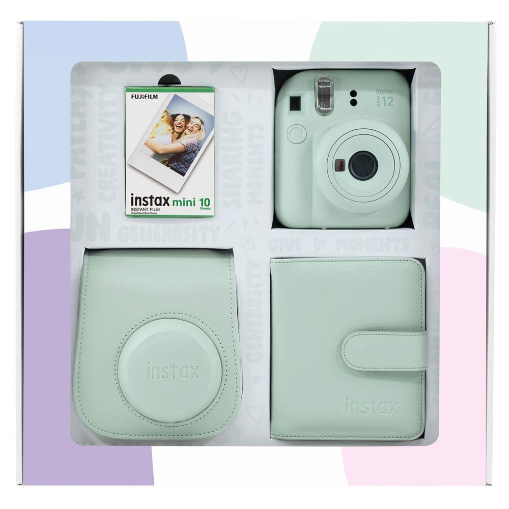 Instax mini 12 Fotoğraf Makinesi 10'lu Film Kare Albüm ve Deri Kılıf Bundle Box (Yeşil)