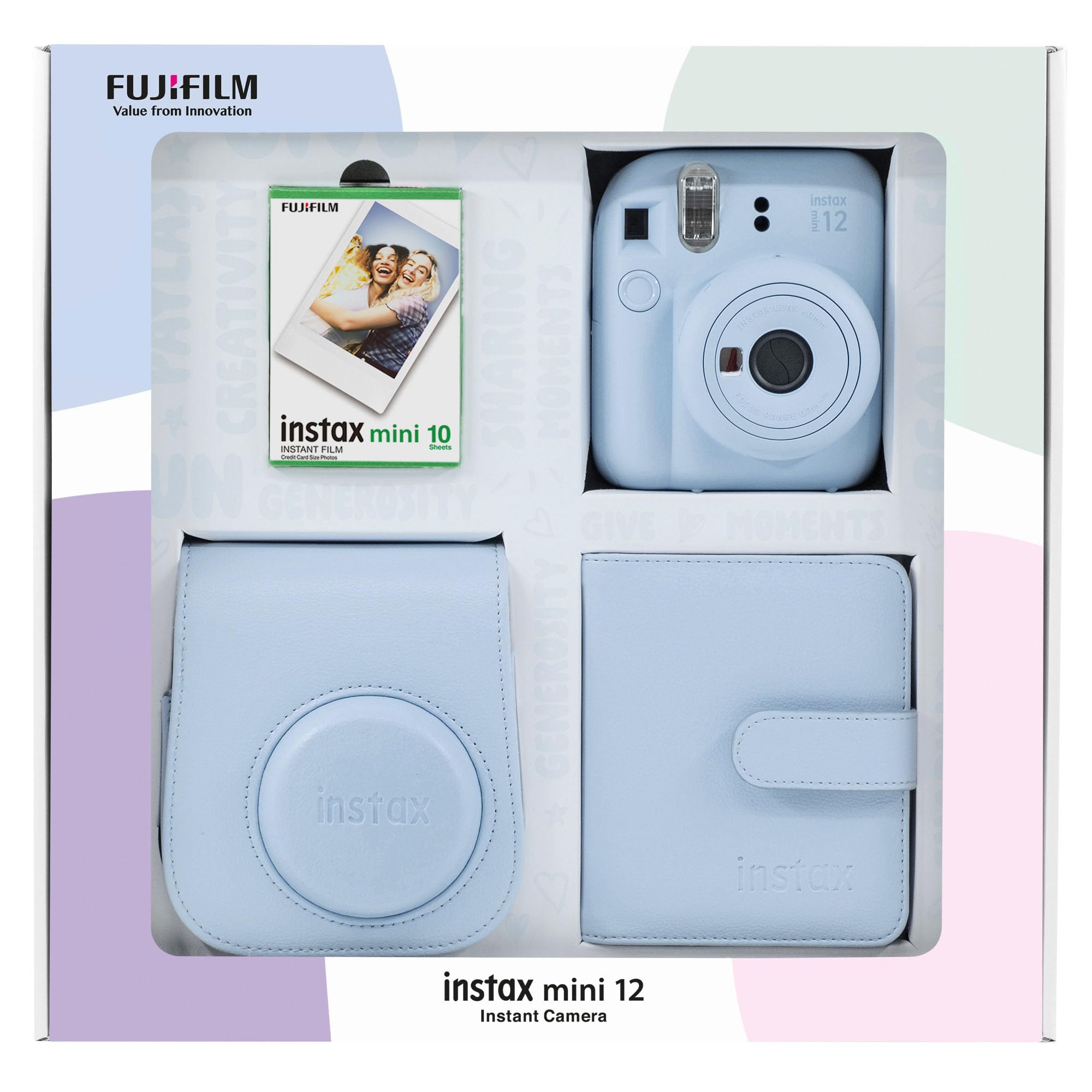 Instax mini 12 Fotoğraf Makinesi 10'lu Film Kare Albüm ve Deri Kılıf Bundle Box (Mavi)