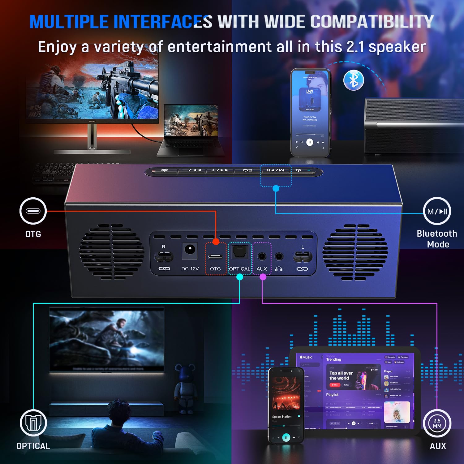 FIFINE AmpliGame A22 RGB Gaming Hoparlör - Subwoofer'lı PC Ses Sistemi - 3.5mm AUX Girişli - Masaüstü ve TV Uyumlu