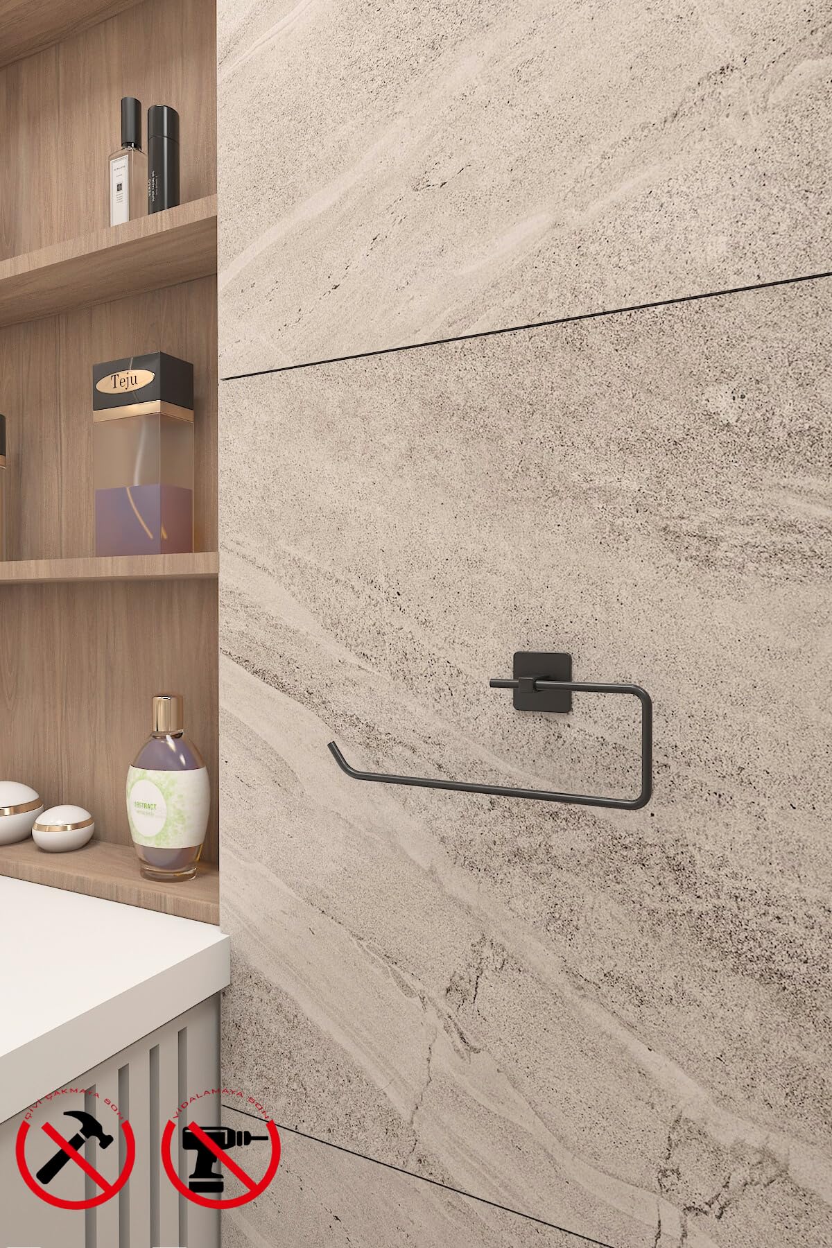Alper Banyo Yapışkanlı Aksesuar Seti Havluluk T.Kağıtlık ve Peçetelik Kare Siyah 5 li Set