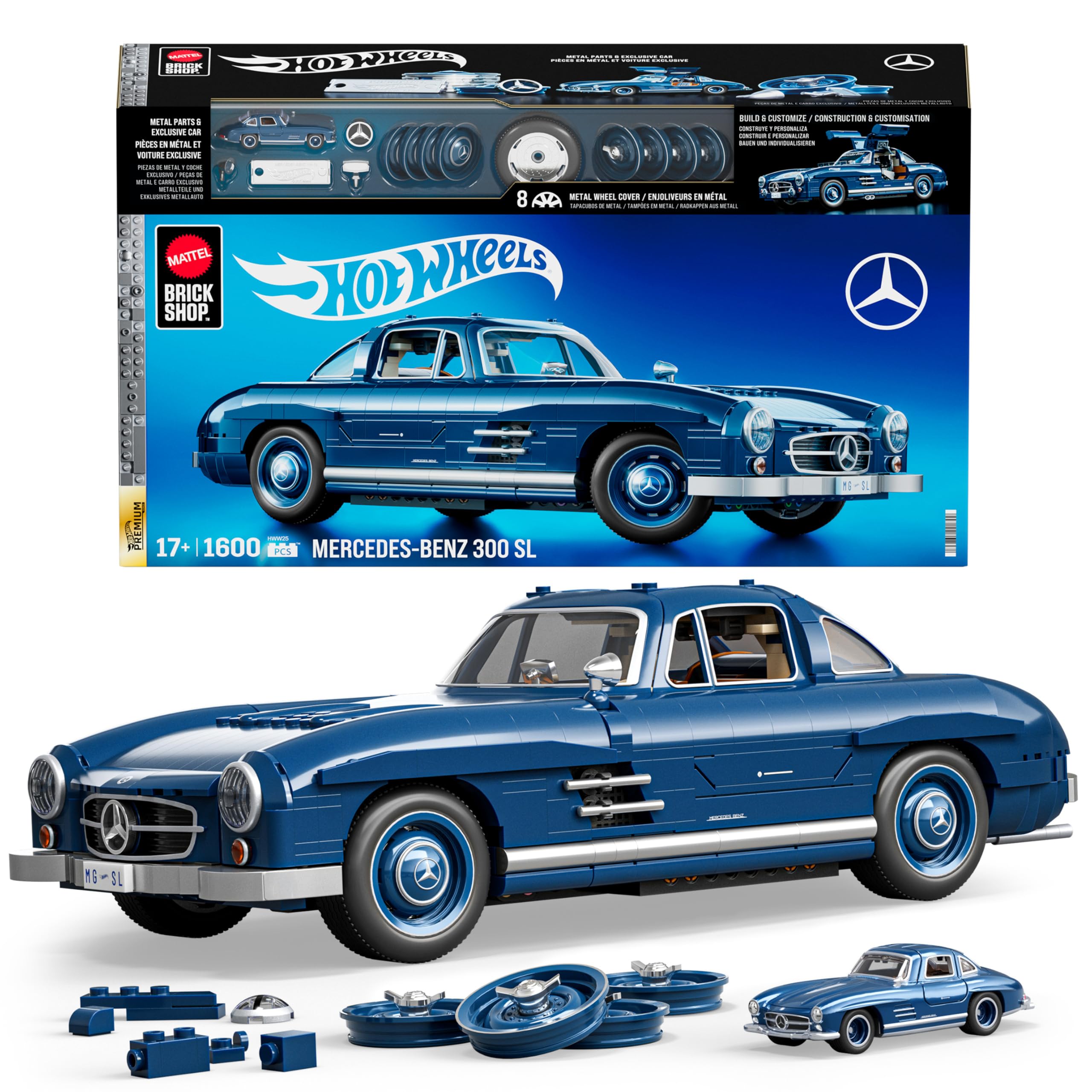 Mattel MEGA Hot Wheels koleksiyona uygun yarış arabası yapı oyuncağı, 1500 parçalı, metal, 1:12 ölçekli, gri renkli Mercedes-Benz 300 SL modeli, HWW25