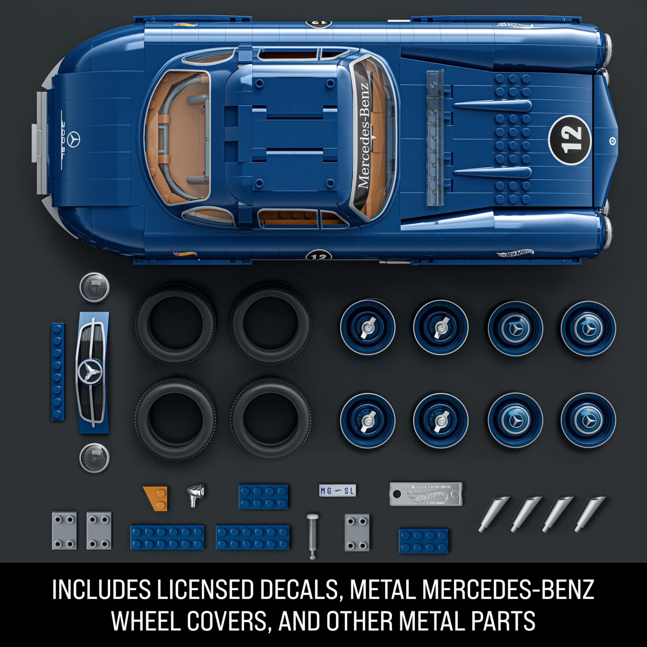 Mattel MEGA Hot Wheels koleksiyona uygun yarış arabası yapı oyuncağı, 1500 parçalı, metal, 1:12 ölçekli, gri renkli Mercedes-Benz 300 SL modeli, HWW25
