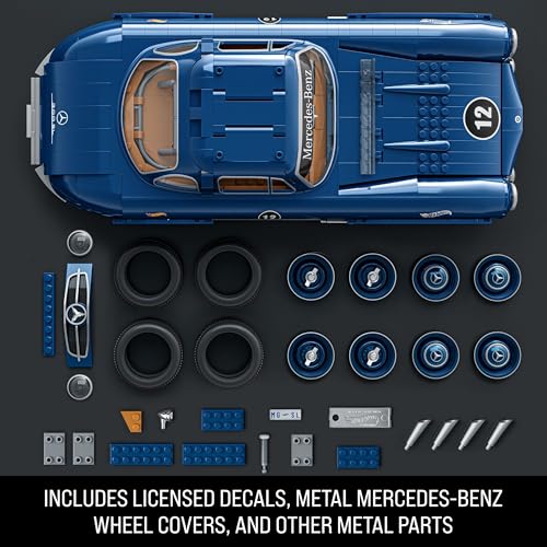 Mattel MEGA Hot Wheels koleksiyona uygun yarış arabası yapı oyuncağı, 1500 parçalı, metal, 1:12 ölçekli, gri renkli Mercedes-Benz 300 SL modeli, HWW25