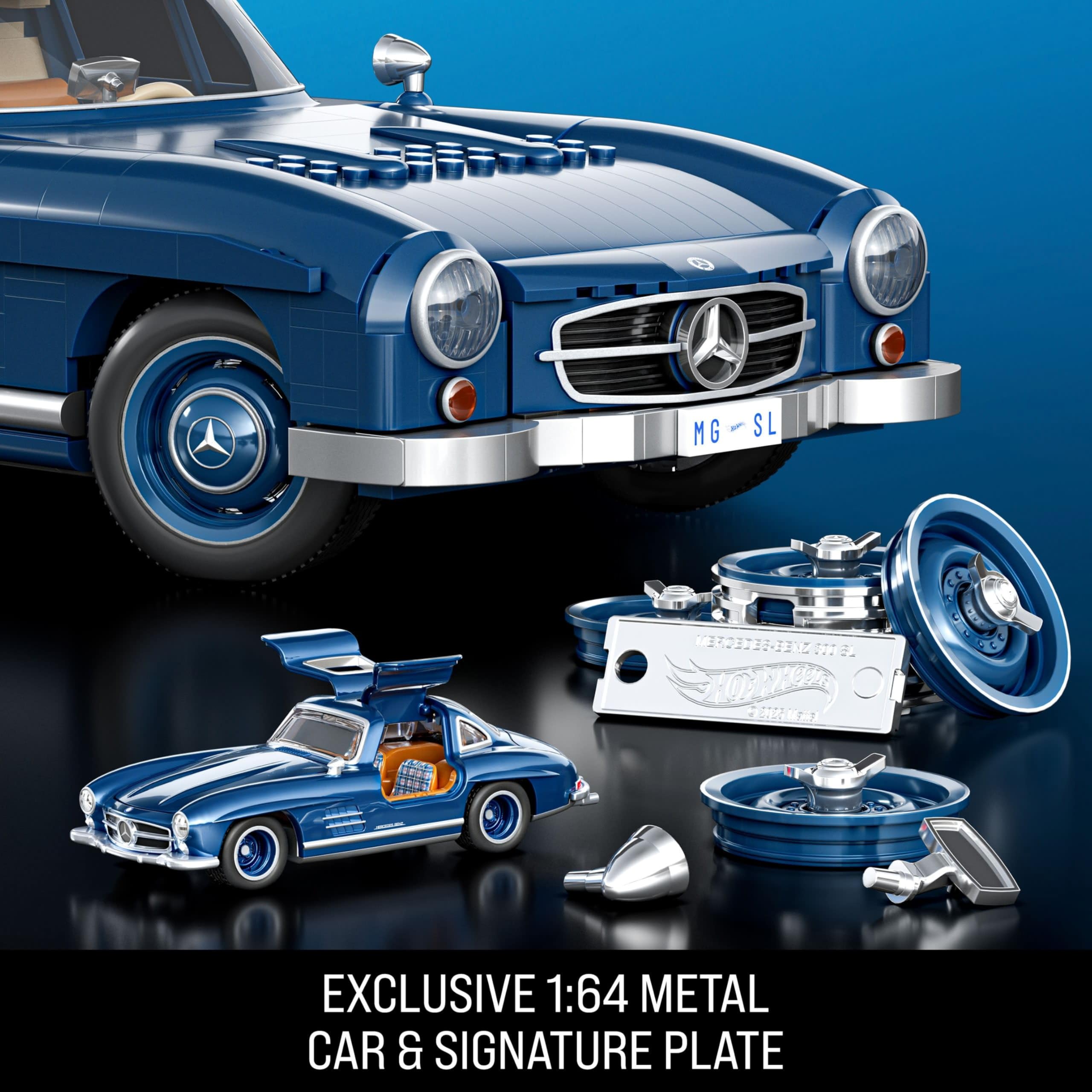 Mattel MEGA Hot Wheels koleksiyona uygun yarış arabası yapı oyuncağı, 1500 parçalı, metal, 1:12 ölçekli, gri renkli Mercedes-Benz 300 SL modeli, HWW25