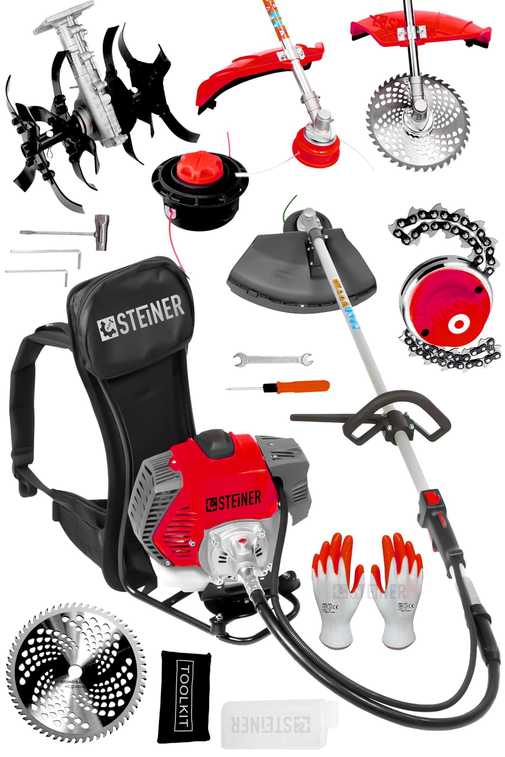 Steiner Alman 16 Hp Tam Profesyonel Sırt Tipi Benzinli Tırpan Ot Çalı Çim Biçme Makinesi Kırmızı + Çapa Aparatı