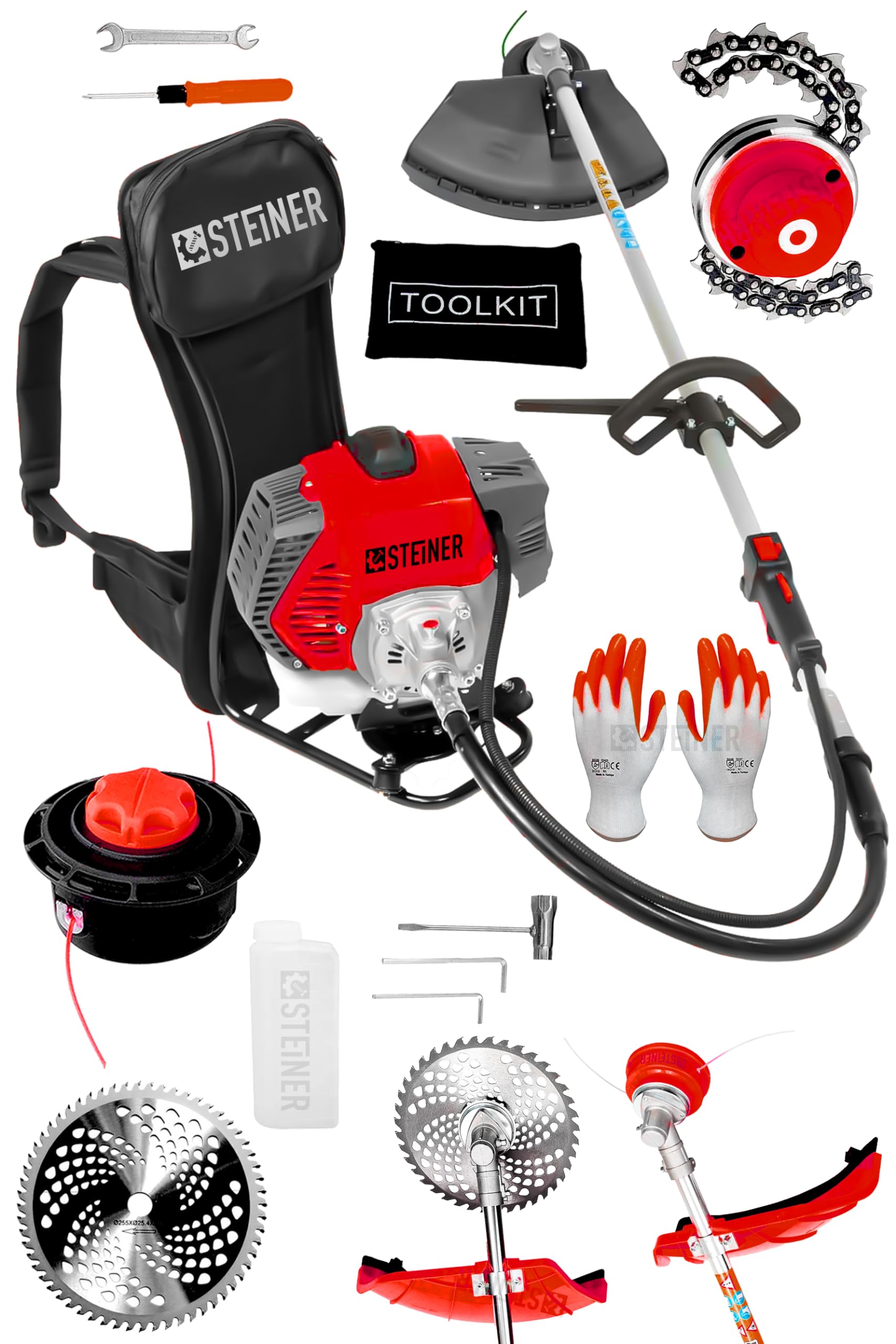 Steiner Alman 16 Hp Tam Profesyonel Sırt Tipi Benzinli Tırpan Ot Çalı Çim Biçme Makinesi Kırmızı + Canavar Başlık
