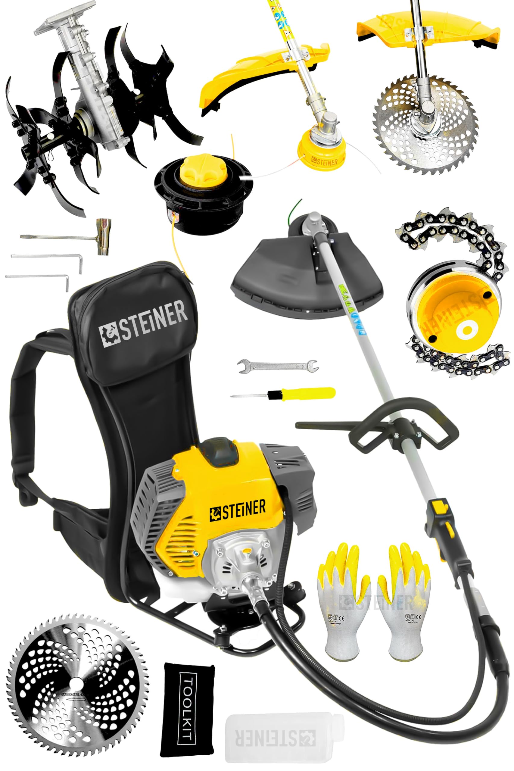 Steiner Alman 16 Hp Tam Profesyonel Sırt Tipi Benzinli Tırpan Ot Çalı Çim Biçme Makinesi Sarı + Çapa Aparatı