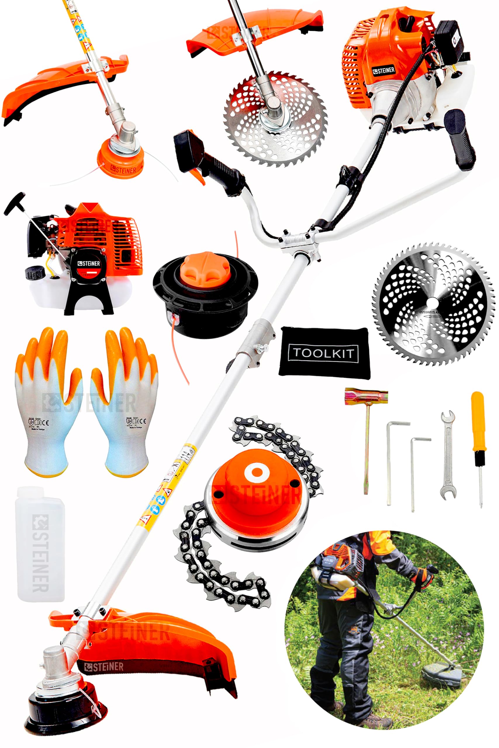 Steiner Alman 16 Hp Tam Profesyonel Yan Tipi Benzinli Tırpan Ot Çalı Çim Biçme Makinesi Turuncu + Canavar Başlık