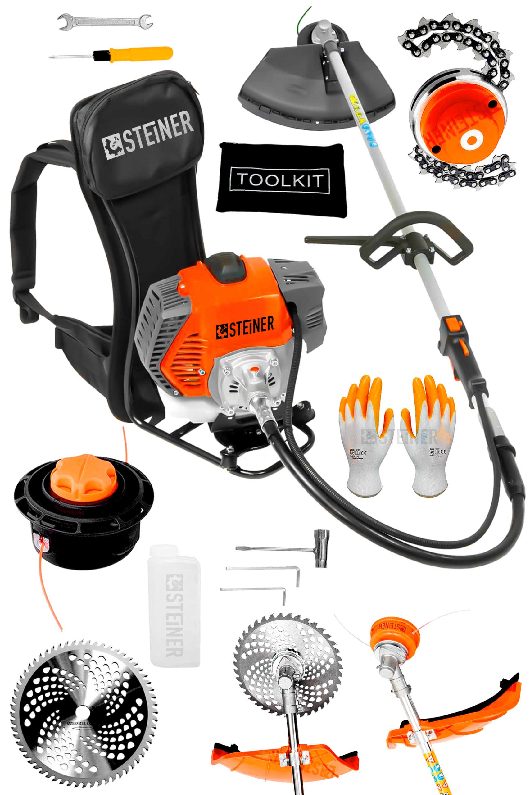 Steiner Alman 16 Hp Tam Profesyonel Sırt Tipi Benzinli Tırpan Ot Çalı Çim Biçme Makinesi Turuncu + C
