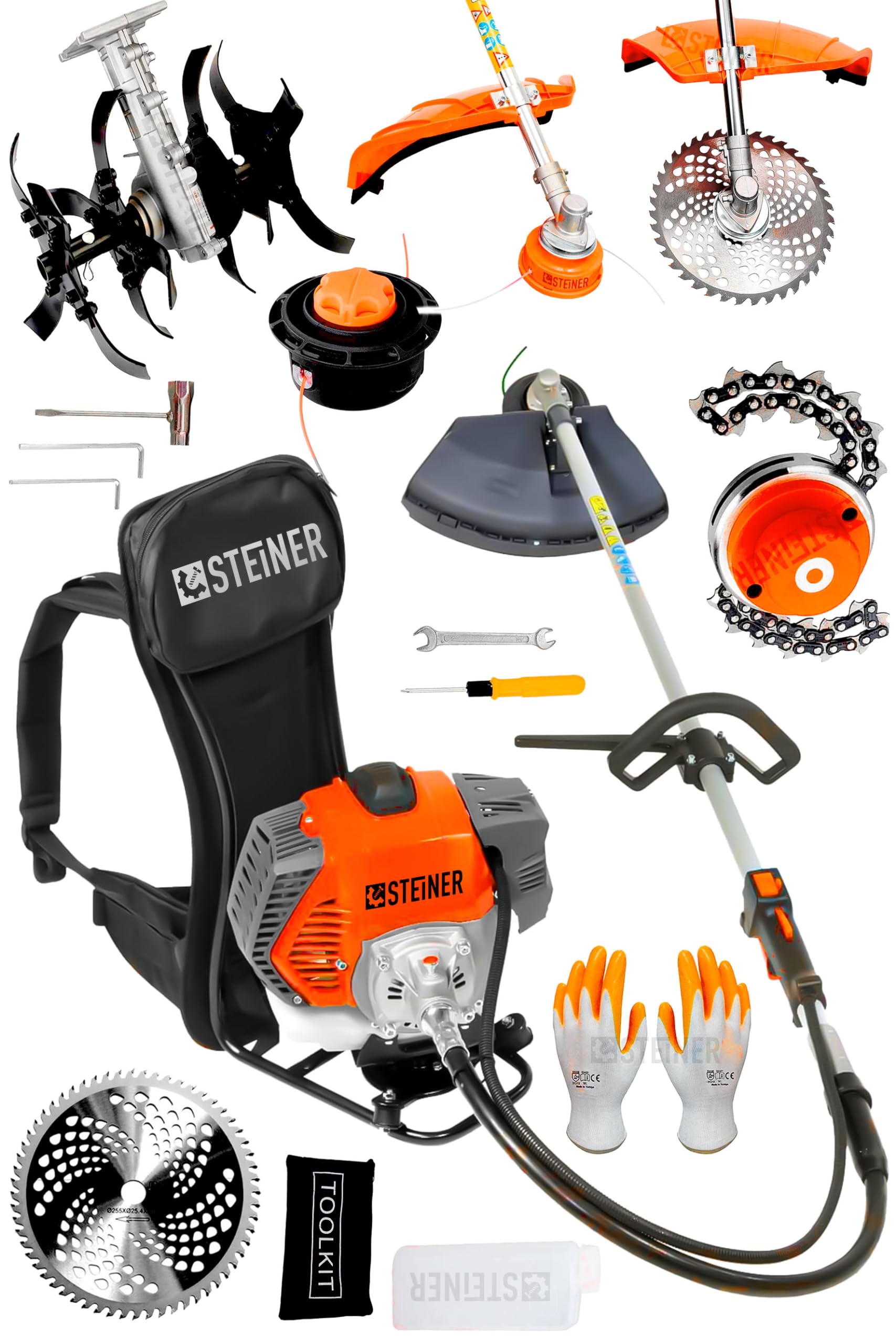 Steiner Alman 16 Hp Tam Profesyonel Sırt Tipi Benzinli Tırpan Ot Çalı Çim Biçme Makinesi Turuncu + Çapa Aparatı