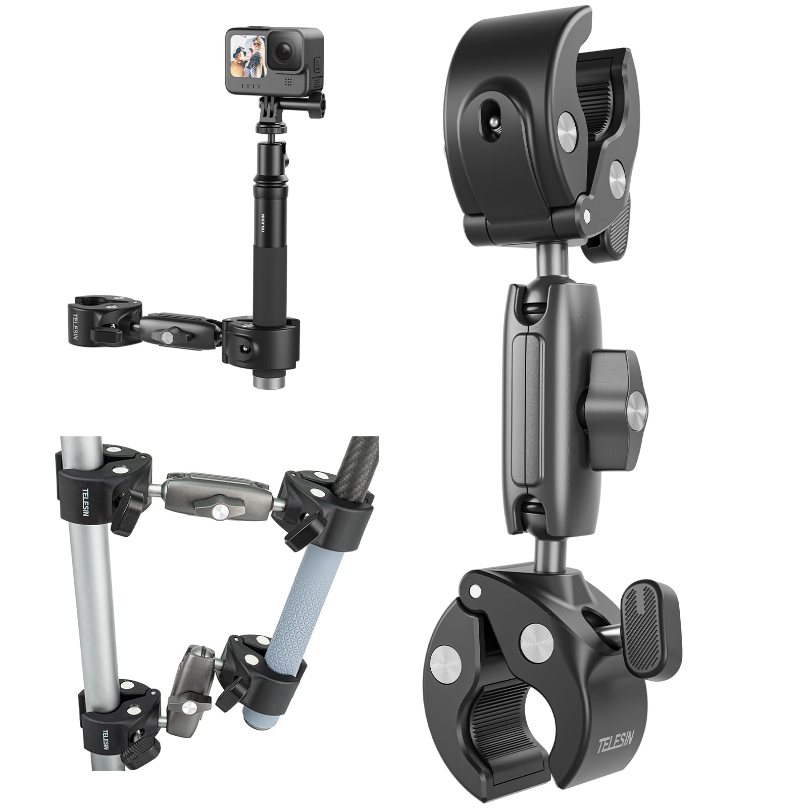 TELESIN Duall Top Kelepçe Montaj Çubuk Direği Bisiklet Bisiklet Motosiklet Gidon Tüp Tutucu Aksesuarları GoPro Hero 13 12 11 10 9 8, DJI Osmo Action 5 Pro 4 3 Insta360 X3 X4 Go3 Ace Pro ile Uyumlu