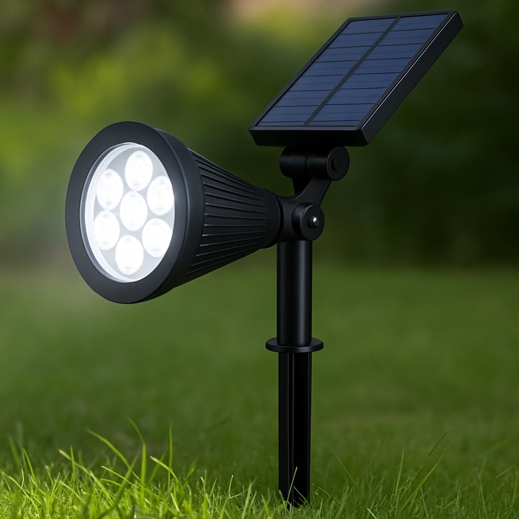 7W Solar LED Bahçe Armatürü 6400K Beyaz Işık – Güneş Enerjili Kazıklı & Duvar Montajlı Çim Aydınlatma Lambası – 7 LED, IP65, 90 Lümen, 140x270x95 mm