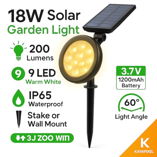 18W Güneş Enerjili Bahçe Armatürü – 9 LED 3200K Günışığı, IP65 Su Geçirmez Solar Spot Lamba, 200 Lümen, Kazıklı veya Duvara Montaj, Açılı Aydınlatma