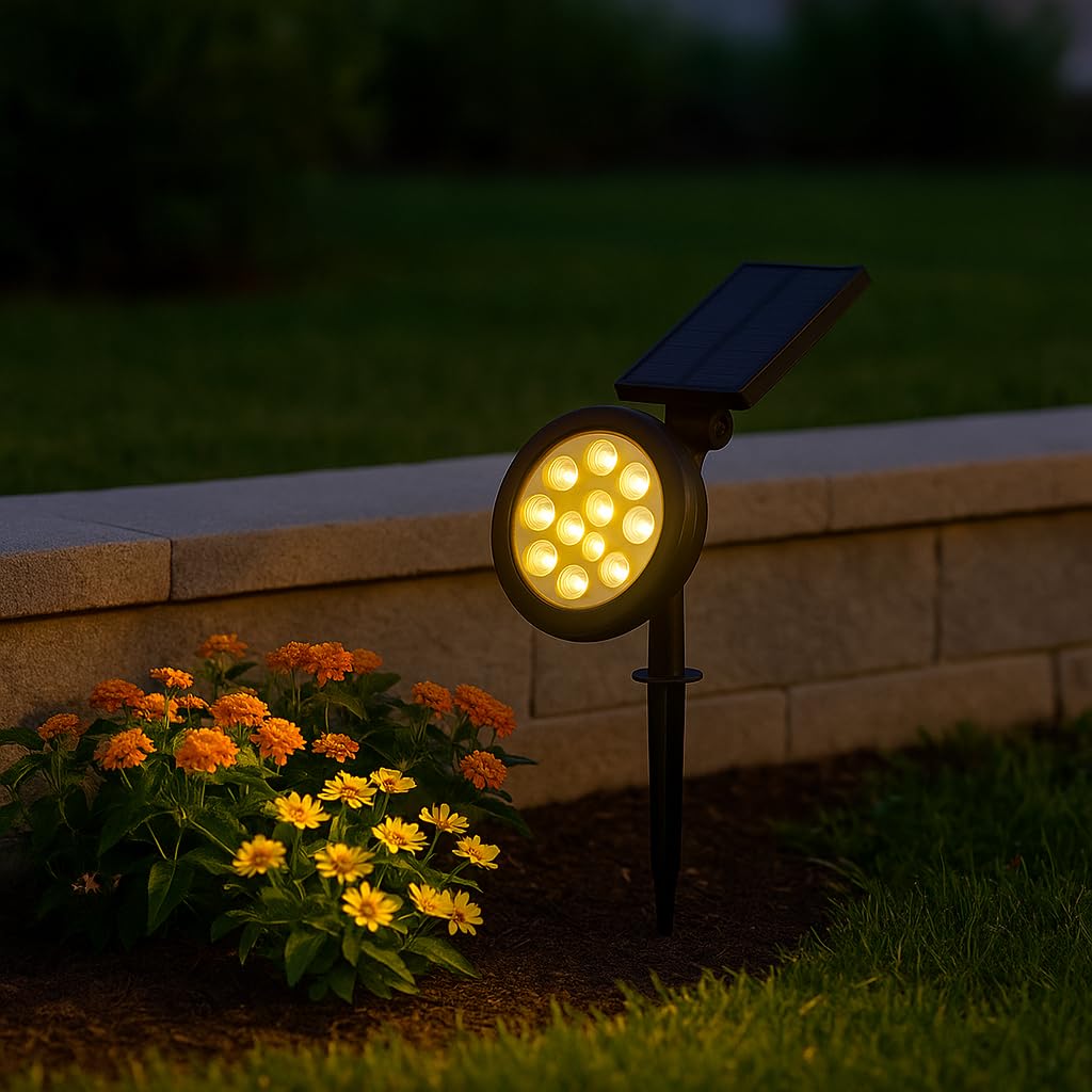 18W Güneş Enerjili Bahçe Armatürü – 9 LED 3200K Günışığı, IP65 Su Geçirmez Solar Spot Lamba, 200 Lümen, Kazıklı veya Duvara Montaj, Açılı Aydınlatma