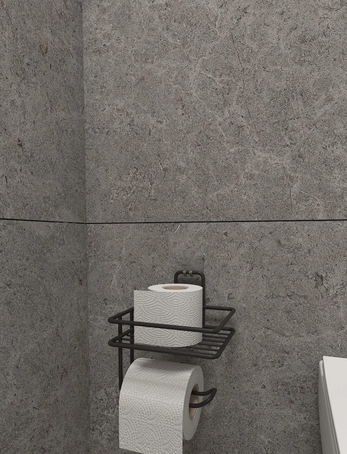 Alper Banyo Yapışkanlı Raflı Tuvalet Kağıtlığı - Mat Siyah Metal, Paslanmaya Dayanıklı Deliksiz Banyo Düzenleyici Raf ve WC Kağıtlık Askısı