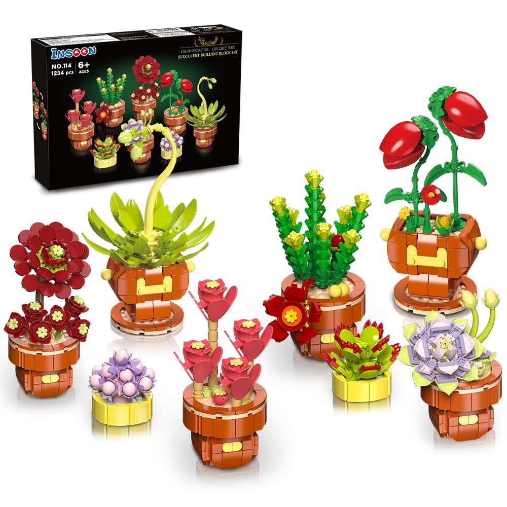 INSOON Etli Çiçekler Bonsai Yapı Setleri, 8 Paket Botanik Koleksiyonu Yapı Taşı Kiti Ev Dekorasyonu için, 1234 Parça Bitki İnşa Oyuncak Yetişkinler için Hediyeler Çocuklar Kız Erkek Çocuklar 6 7 8 9