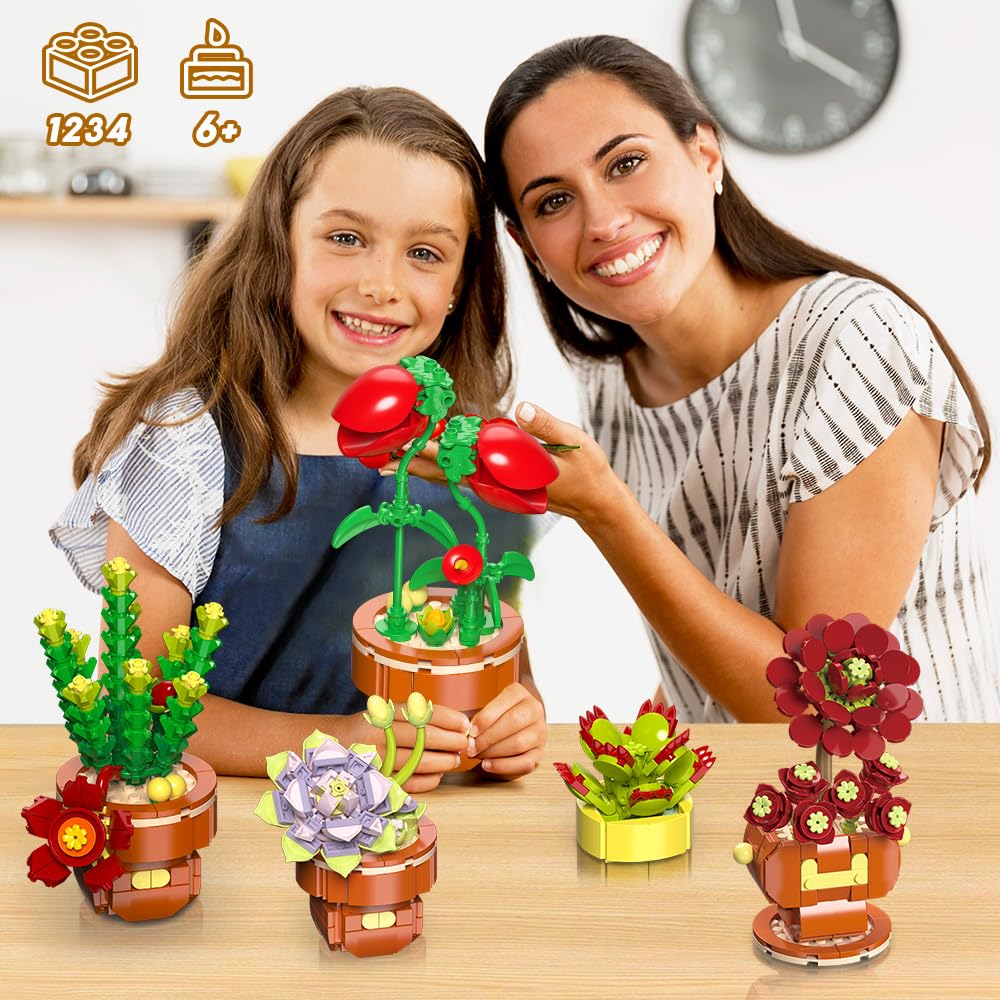 INSOON Etli Çiçekler Bonsai Yapı Setleri, 8 Paket Botanik Koleksiyonu Yapı Taşı Kiti Ev Dekorasyonu için, 1234 Parça Bitki İnşa Oyuncak Yetişkinler için Hediyeler Çocuklar Kız Erkek Çocuklar 6 7 8 9