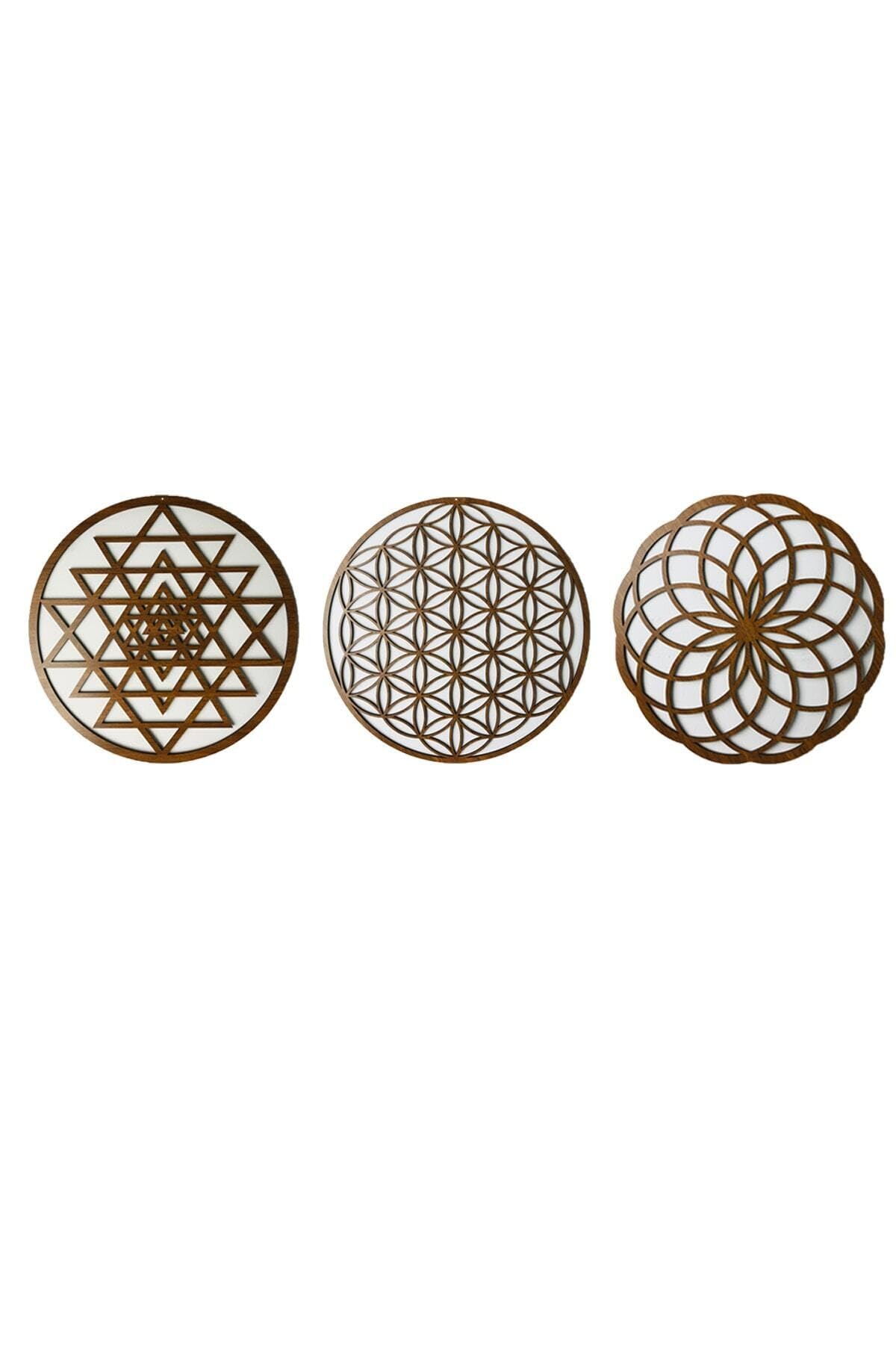 Karakoç Eğitim Araçları Ahşap Yaşam Çiçeği Sri Yantra Torus Nefesi Üçlü Dekoratif Tablo Duvar Süsü Ev Hediyesi Ceviz Kahve