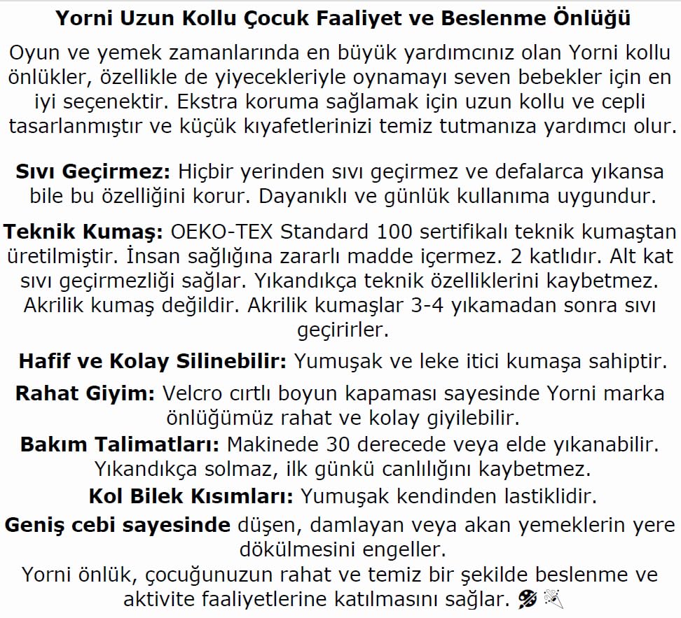 Yorni Seaworld Uzun Kollu Bebek Önlüğü, 6-24 Ay, Sıvı Geçirmez, Cepli, Makinede Yıkanabilir
