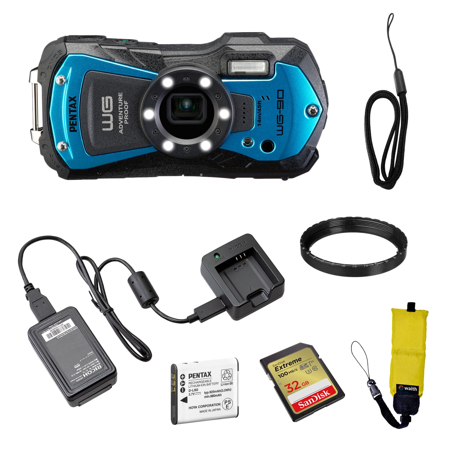 Pentax WG-90 Su Geçirmez Dijital Fotoğraf Makinesi (Mavi) | 32GB Extreme UHS-I SDHC Hafıza Kartı ve