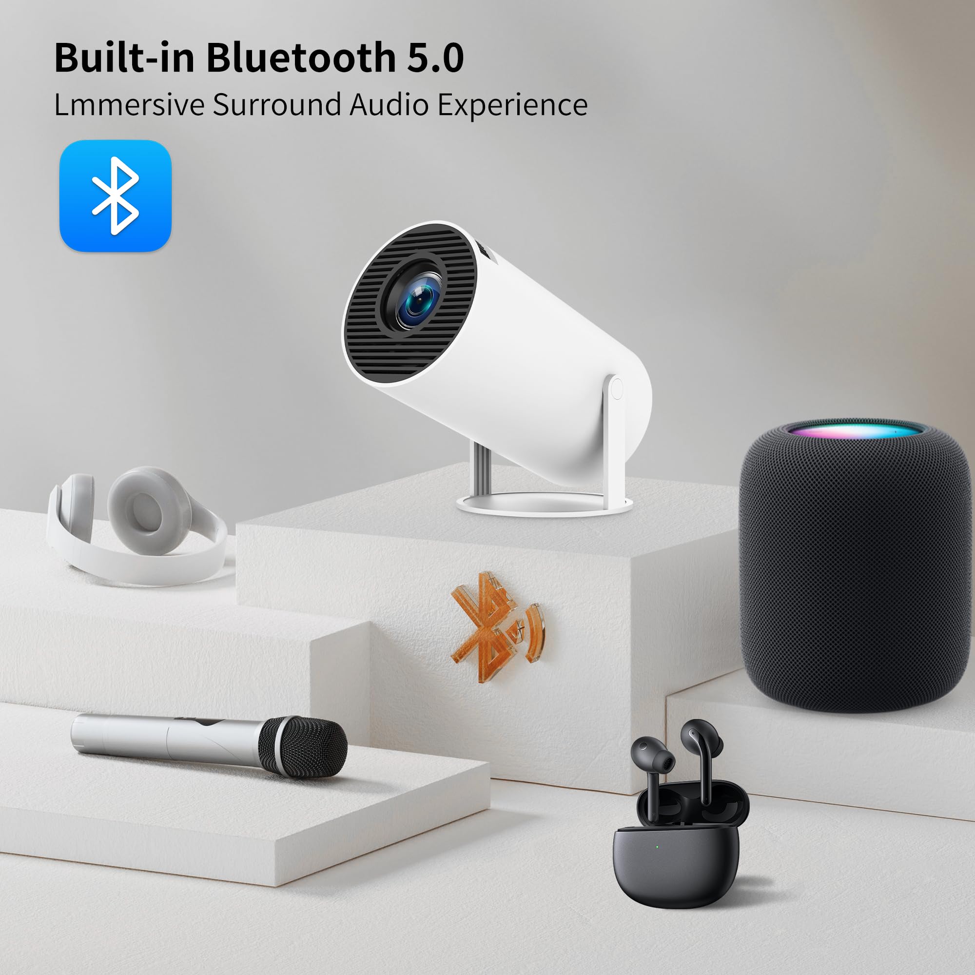 Conmezer Mini Projektör, Dış Mekan Taşınabilir Film Projektörü 1080P Destek, Çift Bantlı WiFi 6 + Bluetooth 5.0, HDMI/USB/ 3.5mm ses, Dahili Hoparlör, Cep telefonları/TV çubukları/dizüstü bilgisayarlar için