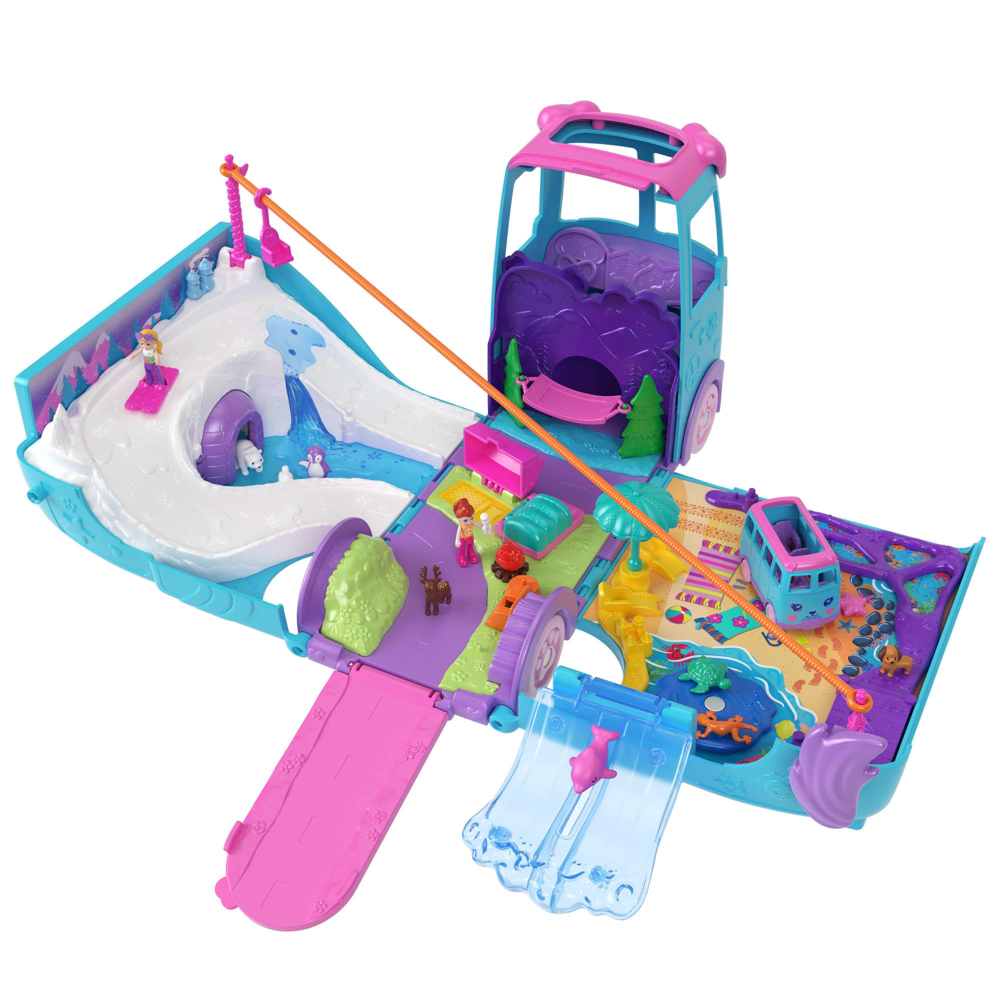 POLLY POCKET™ KARAVAN MACERASI™ Polly Pocket Karavan Macerası oyun seti, mikro bebekler, dönüştürülebilir karavan, evcil hayvanlar ve oyuncak araba JCC22