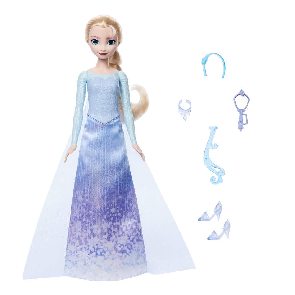 Disney filminden ilham alan Mattel Disney Karlar Ülkesi Eğlenceli Sürprizler Elsa bebek seti, 5 aksesuar, 5 çıkartma ve 1 oyun alanı içeren 11 sürpriz, JBG59