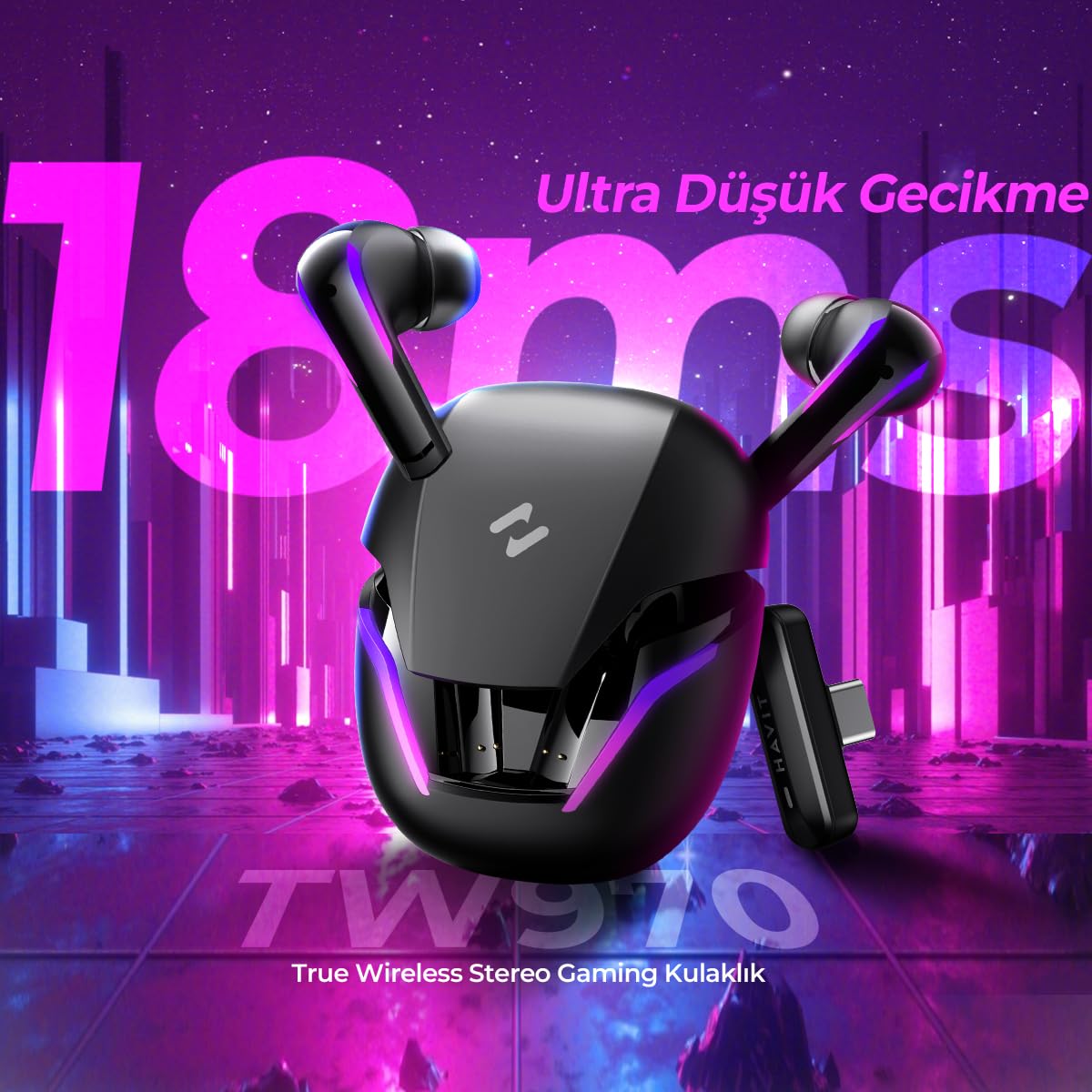 Havit TW970 TWS RGB Gaming Bluetooth Kulaklık - 2.4GHz ve Bluetooth Modu (Siyah)