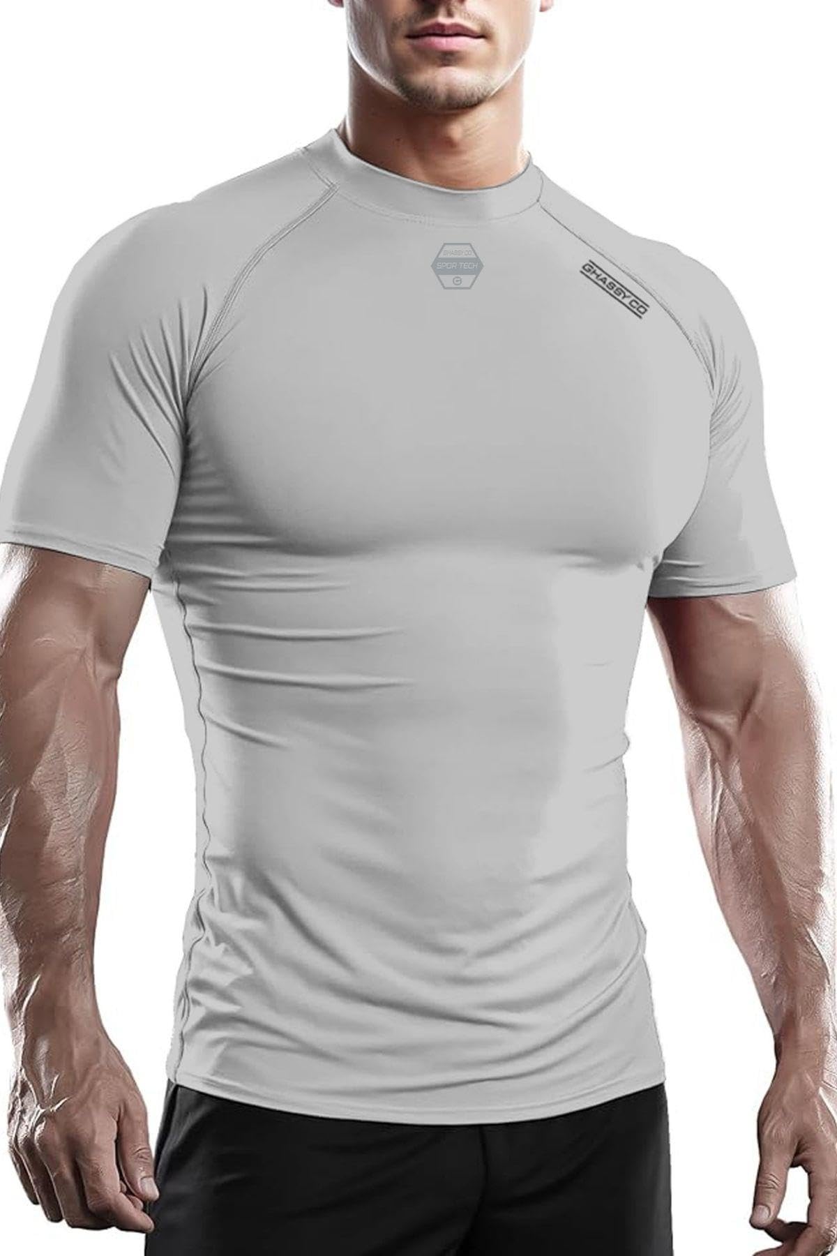 Ghassy Co. Erkek Premium Nefes Alabilen Hızlı Kuruma Koşu Fitness Reflektör Armalı Spor T-shirt AÇIK GRİ XXL