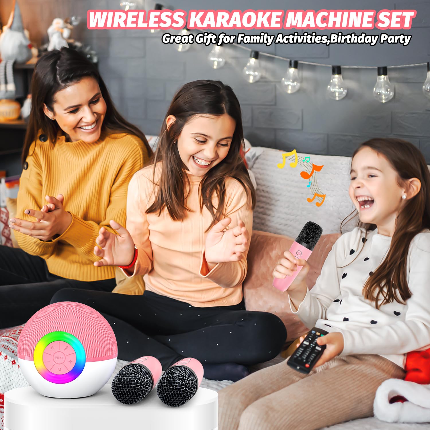Mgaolo Çocuklar Yetişkinler için Mini Karaoke Makinesi, 2 Kablosuz Mikrofonlu Taşınabilir Bluetooth Hoparlör, Erkek ve Kız Çocuklar için MP3 Çalı Hediye Oyuncakları 3-12 Yaş Doğum Günü Aile Ev Partisi