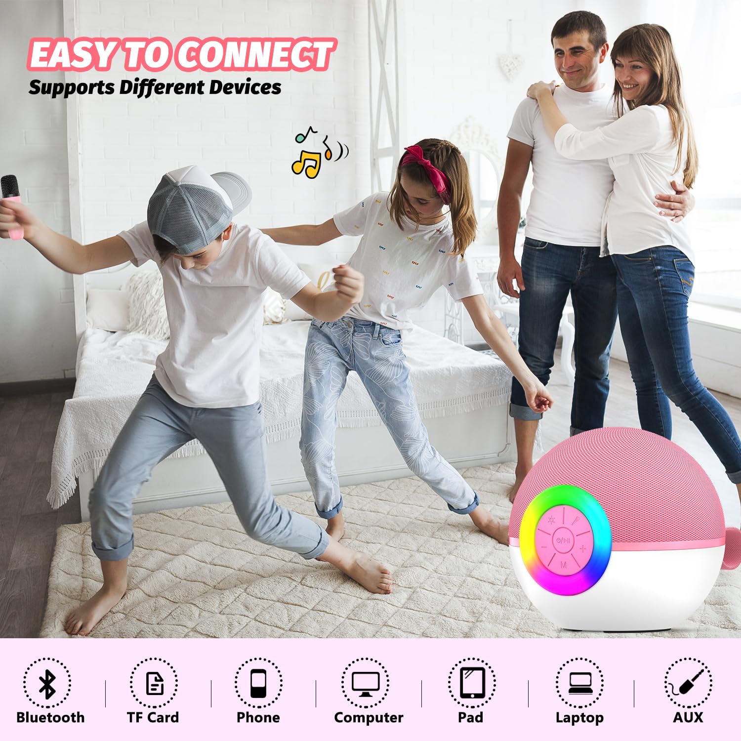 Mgaolo Çocuklar Yetişkinler için Mini Karaoke Makinesi, 2 Kablosuz Mikrofonlu Taşınabilir Bluetooth Hoparlör, Erkek ve Kız Çocuklar için MP3 Çalı Hediye Oyuncakları 3-12 Yaş Doğum Günü Aile Ev Partisi