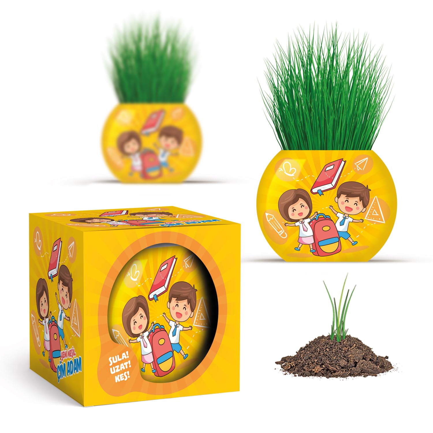 YUUP Okul Temalı Çim Adam 6'lı Set – Çocuklar İçin Eğitici ve Eğlenceli Bitki Yetiştirme Kiti