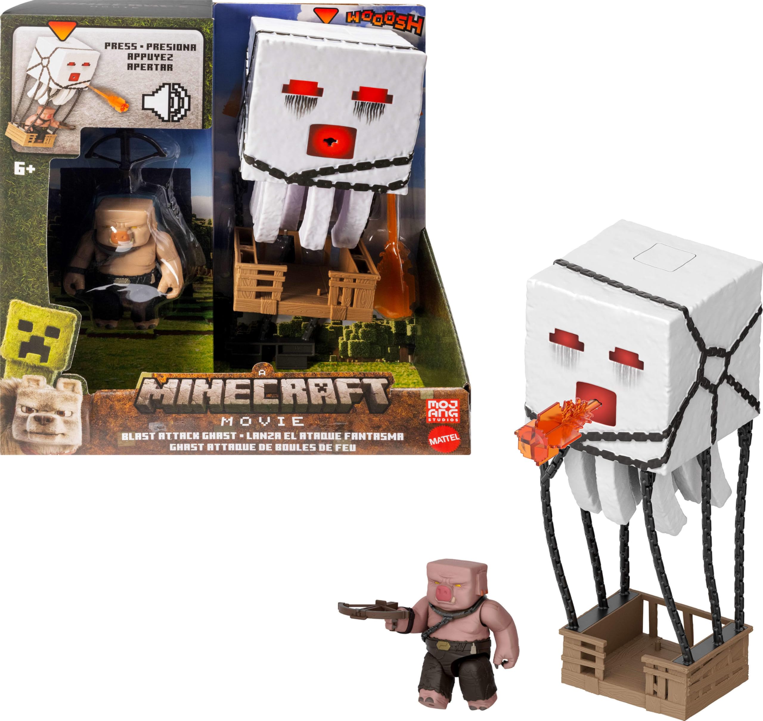 Mattel Minecraft Filmden ilham alan aksiyon figürü seti, ışıklar, sesler ve ateş topu fırlatma özelliğiyle balon figürü, fırlatıcı ve disk, piglin savaşçısı, JFB69