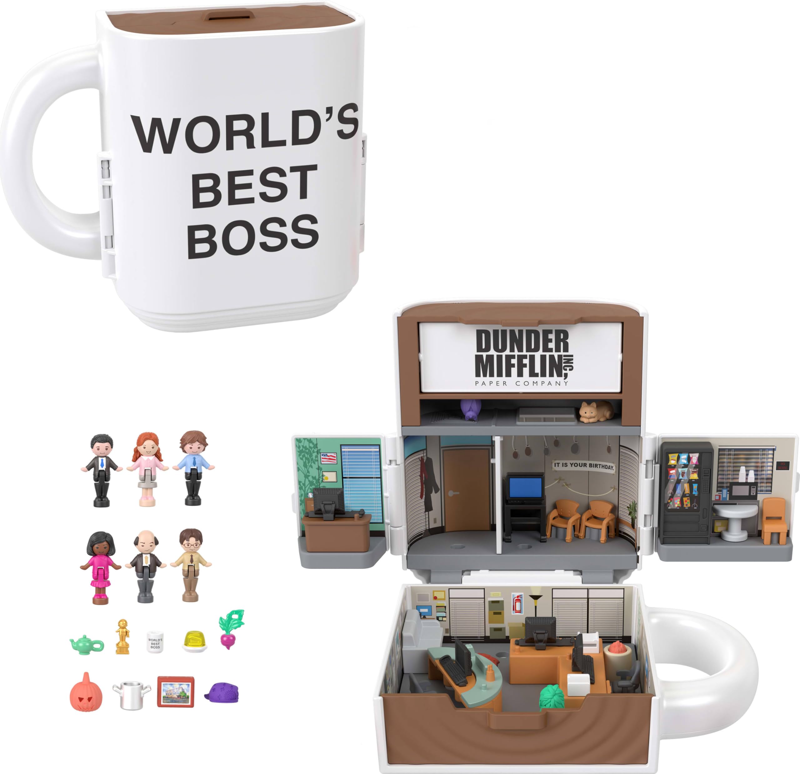 Polly Pocket ve The Office mini oyun seti, 6 karakter figürü ve 9 aksesuar, koleksiyona uygun Partnership oyuncağı, kupa bardak şeklinde, JCC19