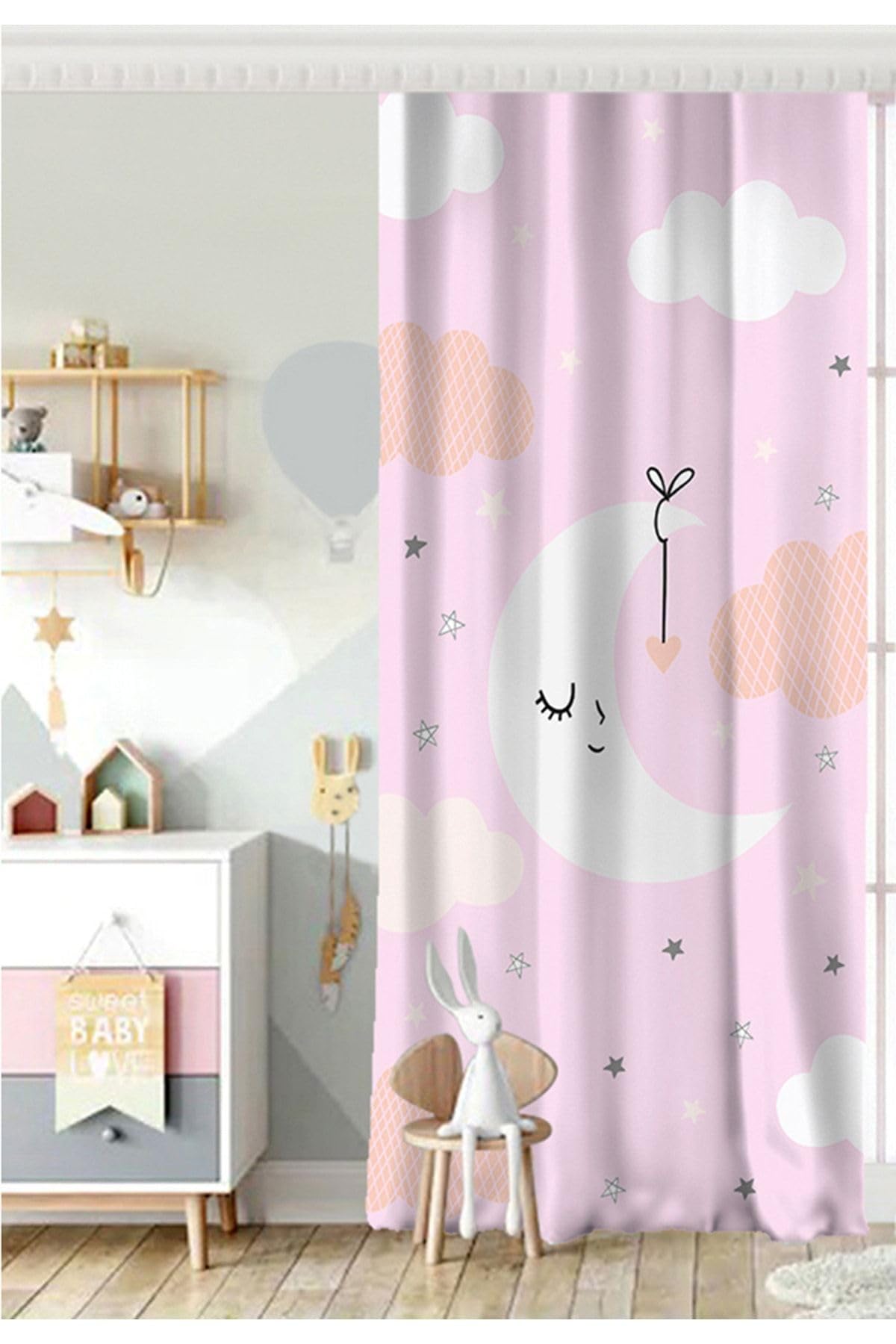 RealHomes Tek Kanat Pembe Zeminde Ay Ve Bulut Desenli Bebek Odası Fon Perde