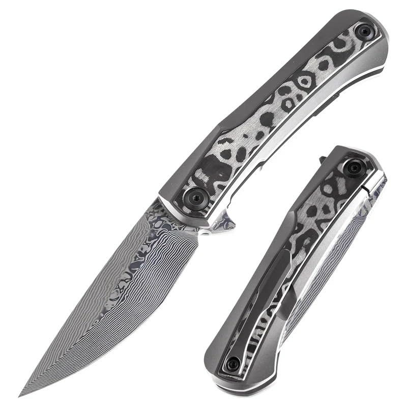 KANSEPT Kratos | Flipper Bıçak | Titanyum + Siyah Gül Desenli Karbon Fiber Kakma Sap | Damascus Çelik Çakı | K1024A5