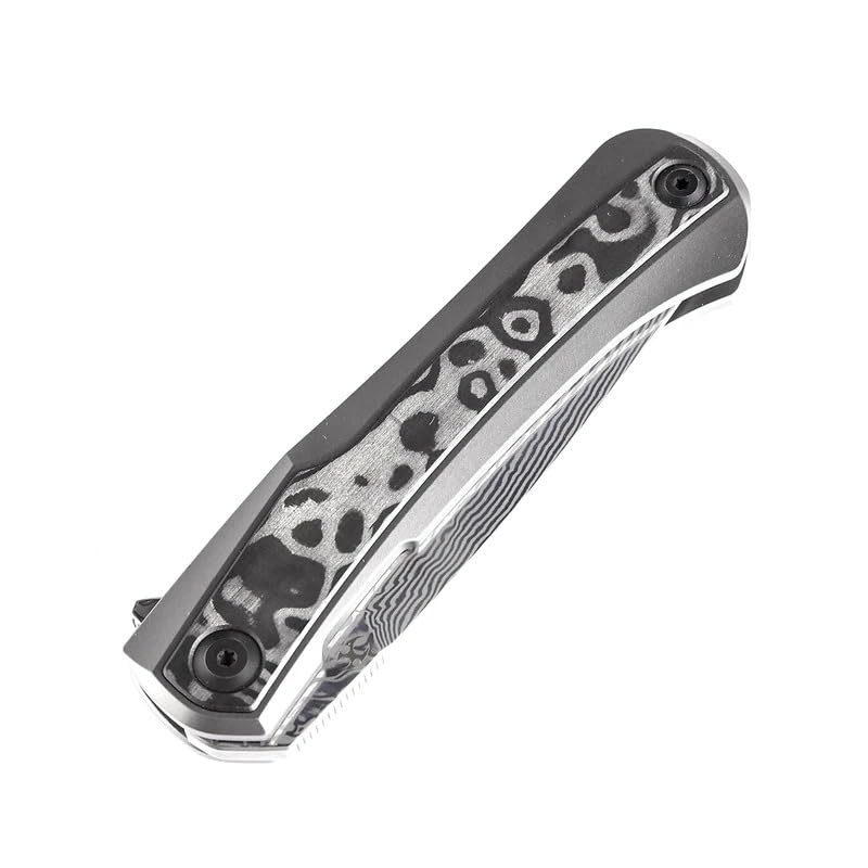 KANSEPT Kratos | Flipper Bıçak | Titanyum + Siyah Gül Desenli Karbon Fiber Kakma Sap | Damascus Çelik Çakı | K1024A5