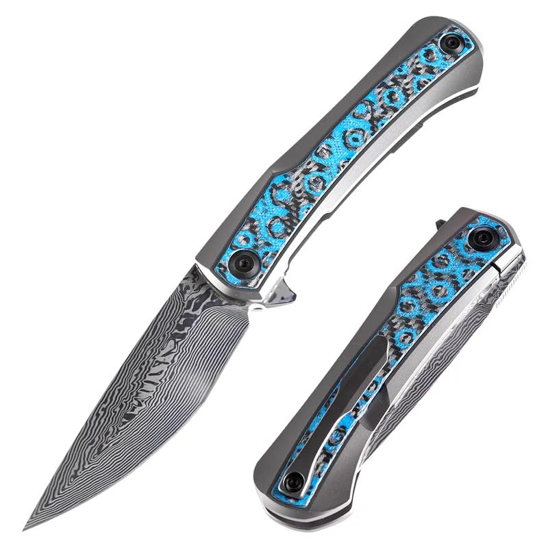KANSEPT Kratos | Flipper Bıçak | Titanyum + Mavi Gül Desenli Karbon Fiber Kakma Sap | Damascus Çelik