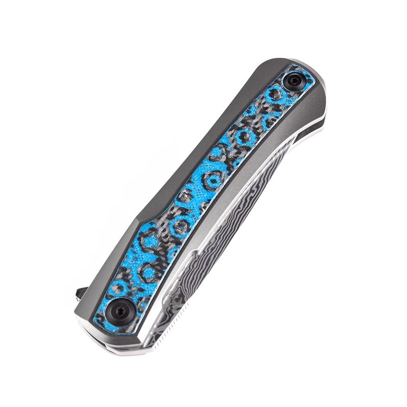 KANSEPT Kratos | Flipper Bıçak | Titanyum + Mavi Gül Desenli Karbon Fiber Kakma Sap | Damascus Çelik