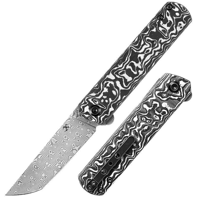 KANSEPT Foosa | Kayma Eklemi/Flipper Bıçak | Siyah Beyaz Karbon Fiber Sap | Damascus Çelik Çakı | K2