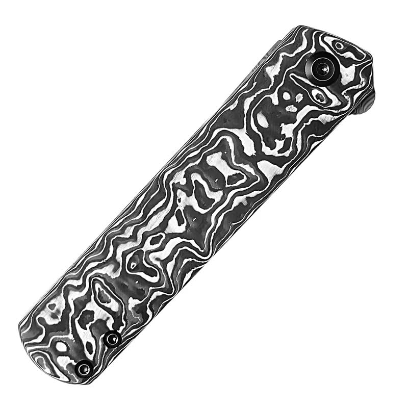 KANSEPT Foosa | Kayma Eklemi/Flipper Bıçak | Siyah Beyaz Karbon Fiber Sap | Damascus Çelik Çakı | K2