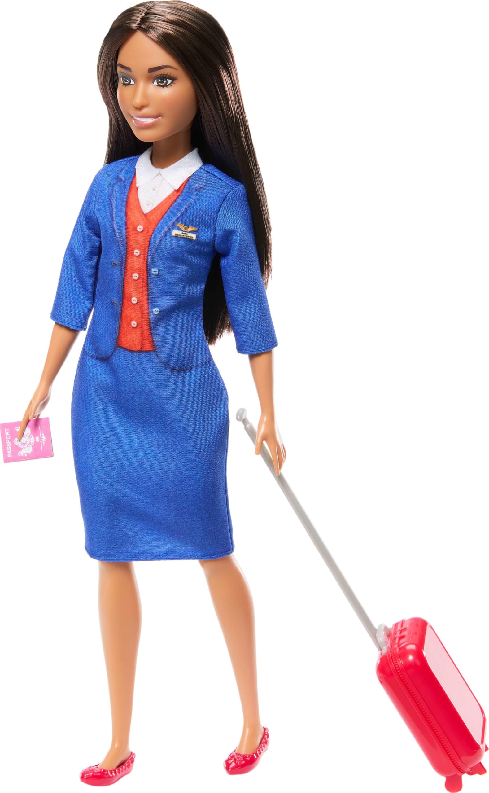 Barbie Hostes Barbie Bavul, kulaklık ve pasaport aksesuarlarıyla mavi üniforma giyen Hostes Barbie bebek HYT60