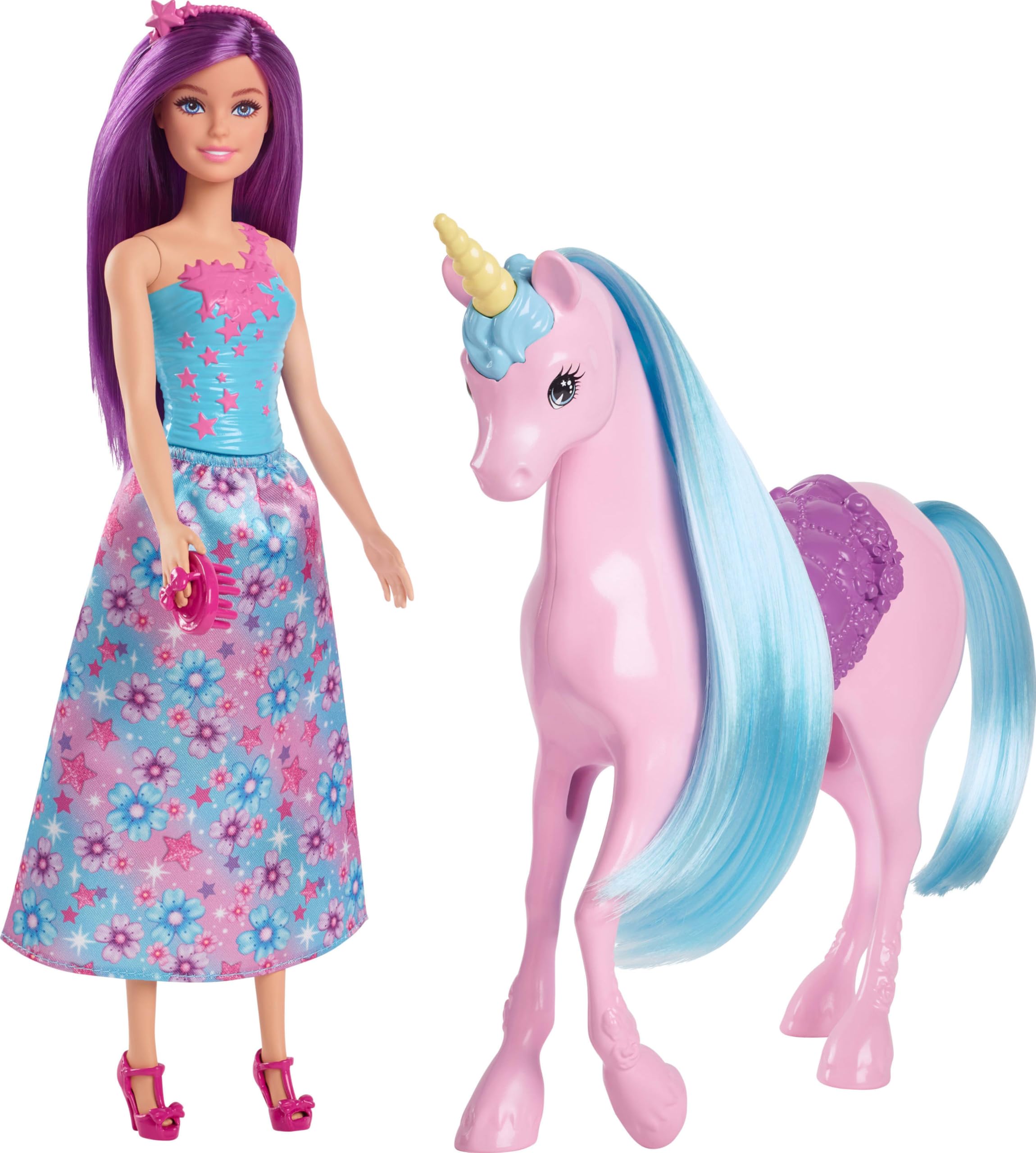 Barbie Bebek ve Tek Boynuzlu At Barbie büyüleyici bebek ve tek boynuzlu at oyuncak seti, eyer, fırça ve aksesuarlar HYT62