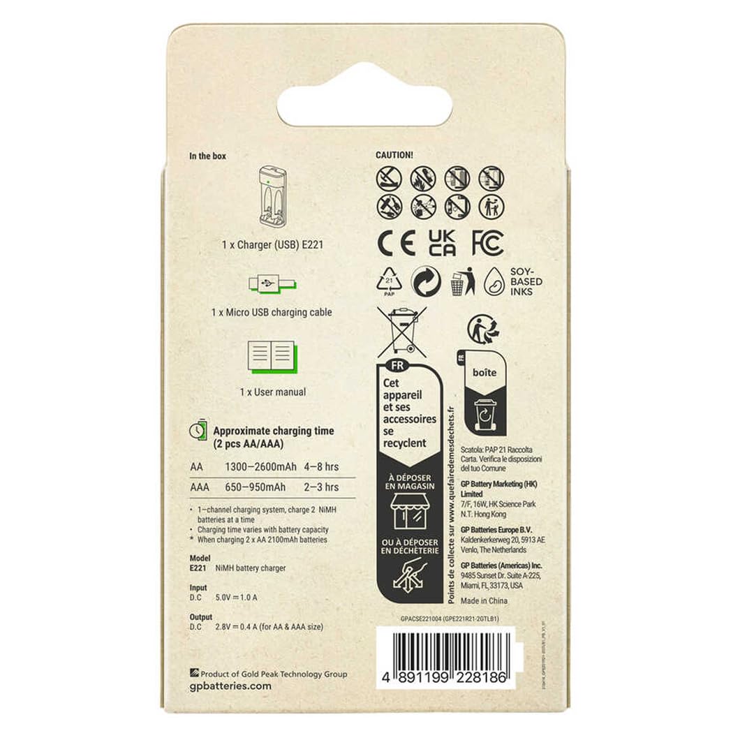 GP E221 USB ŞARJ CİHAZI (Pilsiz Model) 2 Kanallı hem AA hemde AAA şarjlı piller için