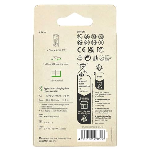 GP E221 USB ŞARJ CİHAZI (Pilsiz Model) 2 Kanallı hem AA hemde AAA şarjlı piller için